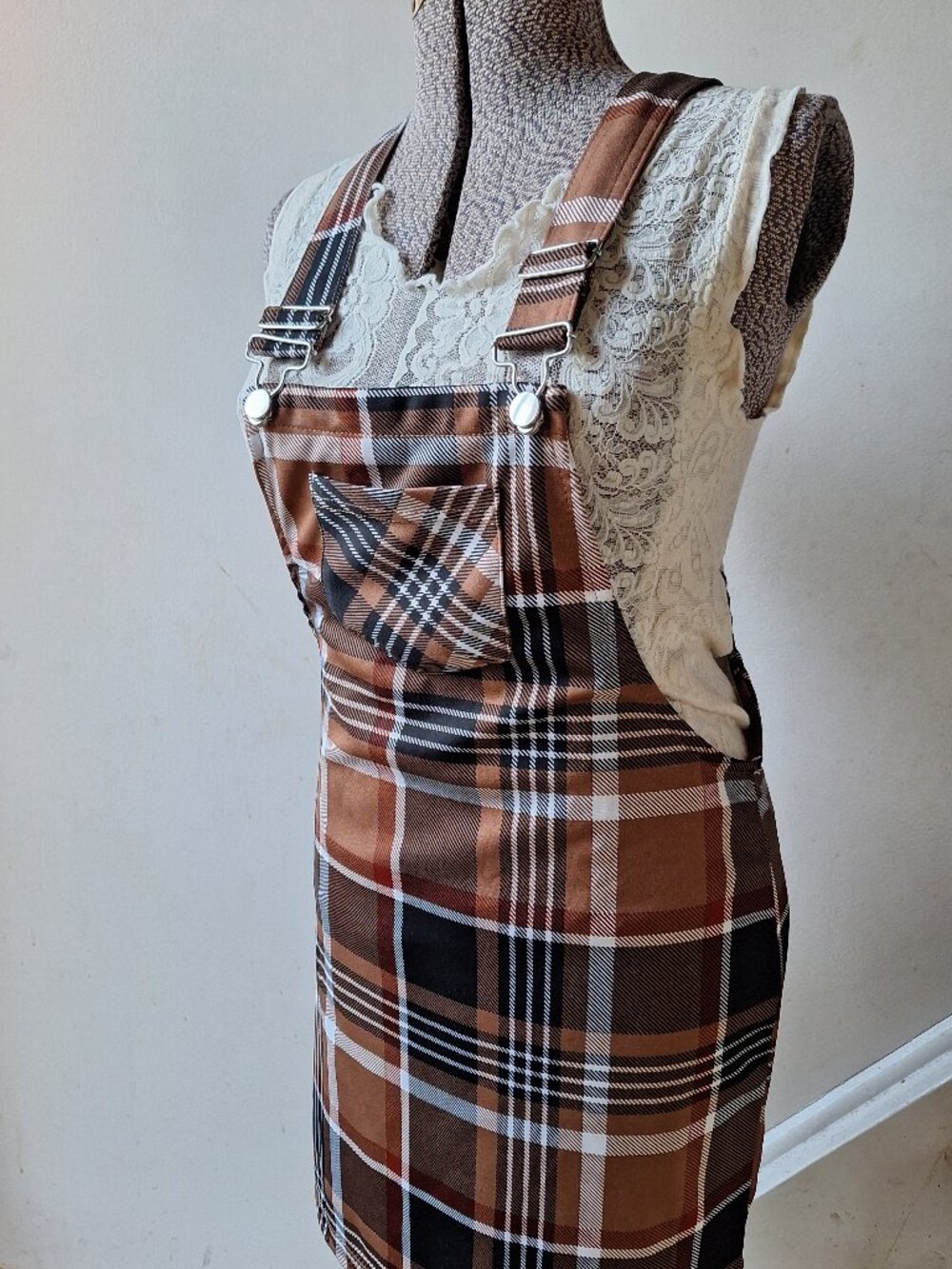 Stretchy Overalls Dress Streetwear Society Plaid Farmer Country Schoolgirl